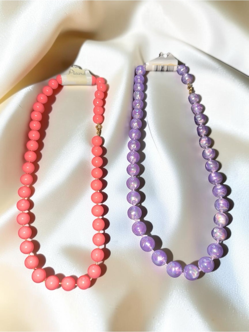2 Piece Beaded Necklace Lot Coral Pink & Iridescent Purple